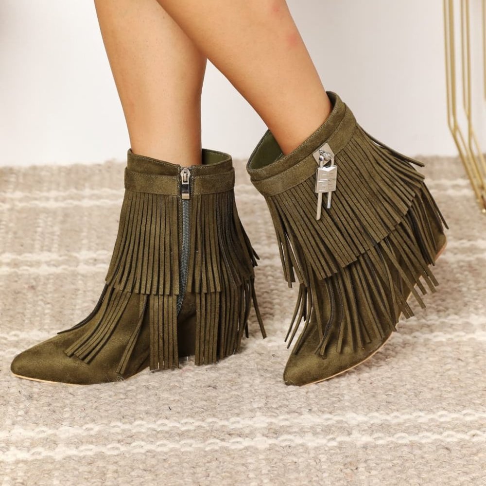 Tassel Wedge Heel Ankle Booties in Olive Green